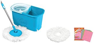 Gala e-Quick Spin Mop, Easy Wheels & Big Bucket with 2 Microfiber Refills (White and Blue)&Gala Sponge Wipe for Kitchen 5 Pcs Pack (Multipurpose) (148995)&Gala Spin Mop Microfiber Refill (White)