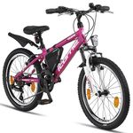 Licorne Guide Mountain Bike - 20 Inch - 18-Speed Gears, Fork Suspension - Children's Bicycle for Boys and Girls - Frame Bag, girls, pink/white