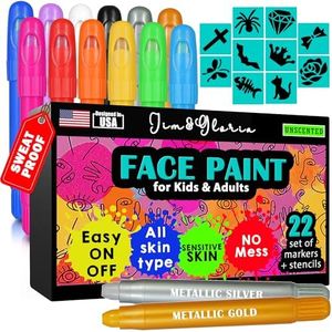 Jim&Gloria Face Paint with Stencils - 12 Large Washable Face & Body Painting Crayons for Kids Toddlers and Adults. Great For Crafts, Toys, Easter Gifts and Christmas Stocking Stuffers for Girls & Boys