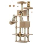 Feandrea Cat Tree, 81.1-Inch Large Cat Tower with 13 Scratching Posts, 2 Perches, 2 Caves, Basket, Hammock, Pompoms, Multi-Level Plush Cat Condo for Indoor Cats, Camel Brown UPCT190K01