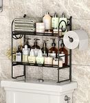 EKNITEY Flolding Over Toilet Storage - No Assembly Bathroom Organizer Shelf Above Toilet Storage Rack with Hooks and Paper Holder 2 Tier (Black)