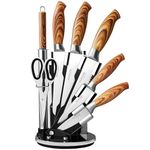Nuovva Sharp Kitchen Knife Set – 7Pcs Stainless Steel Blades with Wooden Style Handles – 360° Rotating Acrylic Knives Block Set with Sharpener – Chef, Bread, Utility, Scissors, Paring & Carving Tools