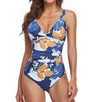 Smismivo Tummy Control Swimsuits One Piece Bathing Suit for Women Slimming Ruched Push Up Padded Vintage Retro Full Coverage V Neck Design Swimming Pool Beach Party Tropical Vacations (Navy Floral)