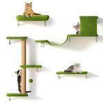 FUKUMARU Cat Wall Shelves, Stable & Safe 4 in 1 Large Cat Wall Furniture Set, Wooden Cat Climbing Wall with Scratching Post, Cat Bridge and Cat Bed, Stylish Cat Jungle Gym for 16 Inch Drywall - Green