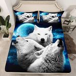 Manfei White Wolf 3D Print Fitted Sheet Queen Size Night Moon Bedding Set 3pcs for Kids Teens Room Decor,Wild Animals Bed Cover Soft Breathable Bed Sheet Set with 2 Pillowcases