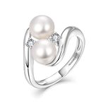 JO WISDOM Pearl Ring,925 Sterling Silver Cubic Zirconia Women's Rings with Two Pearls 7mm White Freshwater Cultured Pearl Ring size 9