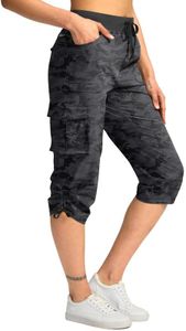 Pudolla Women's Cargo Capri Pants Lightweight Quick Dry Hiking Pants Summer Travel Casual Capris with 5 Pockets, Black_camo, Small