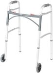 Drive Medical 10210-1 2-Button Folding Walker with Wheels, Rolling Walker, Front Wheel Walker, Lightweight Walkers for Seniors and Adults Weighing Up To 350 Pounds, Adjustable Height, Silver