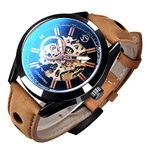 Gute Automatic Watch for Men, Mens Skeleton Automatic Mechanical Wrist Watch Analog Casual Sport Brown Leather Clock