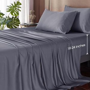 HYPREST King Bamboo Rayon Cooling Sheets, Luxury Silky Soft, Deep Pocket, Fits 18"-24" Mattresses, Grey, 4 Pieces