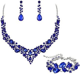 EVER FAITH Parure Bijoux Mariage Collier Boucles d'oreilles et Bracelet 3PCS Ensemble pour Femmes Autrichiennes Cristal Goutte d'eau Cluster Ensemble de Bijoux Bleu Foncé Ton d'argent