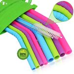 Walfos Reusable Silicone Straws - 2 Size Flexible Drinking Straws for Smoothie, Milkshake, Cocktail and Hot Drinks - 4 Big Straws + 4 Regular Straws BPA Free+ Cleaning Brushes + 1 Storage Pouch