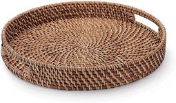 Hand-Woven Rattan Serving Tray with Handles for Breakfast, Drinks, Snack for Dining/Coffee Table (11 inch (28cm), Round)