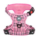 PoyPet No Pull Dog Harness, [Release on Neck] Reflective Adjustable No Choke Pet Vest with Front & Back 2 Leash Attachments, Soft Control Training Handle for Medium Dogs(Checkered Pink,M)