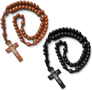 2Pcs Wooden Beads Rosary Necklace - Handmade Wooden Crosses Pendant Necklace Jesus Cross Necklace for Men Tan and Black Cross Necklace - Cross Necklaces for Women with Adjustable Necklace Chain