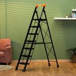Bonkaso Alloy Steel Climb Master 7-Step Foldable Heavy Duty Ladder for Home, Indoor and Outdoor Purpose with Anti-Slip and Advanced Locking System - (Black&Orange)