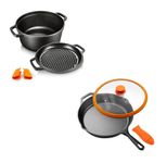 CountryCook Pre-Seasoned Cast Iron 5L Biryani Pot with Grill Lid & 30cms Skillet with Glass Lid Induction Friendly Heavy Duty