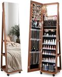 RELAX4LIFE 360° Swivel Jewellery Cabinet, 3 in 1 Standing Lockable Jewelry Armoire with Full-Length Mirror, 3-Color LED Lights, Storage Shelves & 4 Wheels, Mobile Jewellery Organiser (Brown)