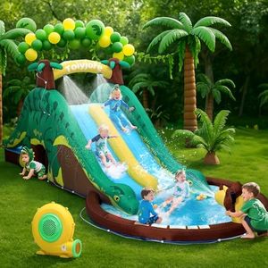 Dinosaur Water Slide Bounce House, Inflatable Bounce House for Kids Aged 3-10 with Dual Slide, Pool, Water Spraying, Climbing Wall and Tunnel Suitable for Outdoor & Backyard with 480W Blower