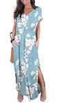 GRECERELLE Women Maxi Long Dress Summer Casual Beach Boho Short Sleeve V Neck Maxi Dresses with Pocket (FP Light Blue, L)