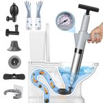 inShareplus Toilet Plunger, Grey Toilet Unblocker Heavy Duty, High Pressure Plunger Kit with 4 Replaceable Heads and 1 Gloves Plunger Sink Unblocker for Unblocking Toilets, Sink, Bathtub, Floor, Drain