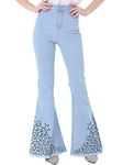 ANNA-KACI Women's Retro Flared Jeans High Waist Star Printed Long Denim Bell Bottom Jeans, Light Denim, Small