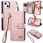 VEEMOS Zipper Wallet Case for Apple iPhone 15 Phone Case with Purse Card Holders RFID Blocking Leather Flip Case Book Cover Wrist Strap Women - Pink