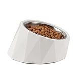 ComSaf 15°Slanted Stainless Steel Dog Bowl, 120ml Tilted Angle Raised Food Water bowl for Dog and Cat, Food Grade,Non-Skid & Non-Spill Feeding Bowl with Detachable Melamine Stand, White