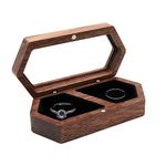 CAVLA Wooden Ring Box, Rings Holder with Transparent Lid, Two Slots Jewelry Case, Walnut Jewelry Storage Box Gift Holder, Portable Couple Rings Wedding Ring Box for Wedding Ceremony Aniversary (A)