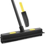 WELDUN Rubber Broom Telescoping Handle 142cm Rubber Brush Pet Hair Removal Broom, Fur Remover Broom with Squeegee and Handle, Detailing Brush, Dog Hair Remover for Carpets, Couch, Yellow/Black