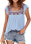 DOROSE Mexican Embroidered Tops for Women Square Neck Babydoll Peasant Blouse Tshirts Summer Tunic Light Blue XXL