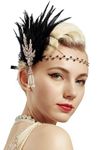 BABEYOND Art Deco 1920's Flapper Great Gatsby Inspired Leaf Medallion Pearl Headband Black Feather (Gold and Black Feather)