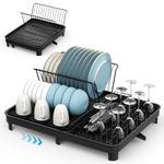 BTGGG Dish Rack Expandable Dish Drainer Rack with Swivel Drainage Spout, Large Black Draining Board Rack Metal Sink Drainer Rack with Plate Slot, Cutlery, Cup Holder for Kitchen Countertop, Black