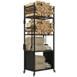 Outsunny 4-Tier Firewood Rack Outdoor with Wheels and 4 Tools, Wood Storage Rack with Brush, Shovel, Poker and Tongs, Powder-Coated Steel Log Holder for Indoor/Outdoor Use