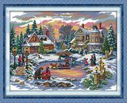 YEESAM ART Unstamped Cross Stitch Kits for Adults, Winter Scene Christmas Happy Time 14ct Counted Unprinted Embroidery Kit Needlework Wall Art Decor 55×43cm