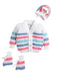 Little Angels Baby Sweater Set - 3 Pcs Woollen Full Sleeves V-Neck Textured Striped Sweater, Cap & Socks for Baby Girls 0 to 3 Months (White & Neon Pink)