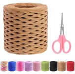 Swpeet Beautifu 1 Roll Light Coffee 218 Yards Raffia Paper Craft Ribbon with Scissors Assortment Kit, Natural Raffia String Kraft Craft Packing Paper Twine for Gifts DIY Supplies Bouquets Decorations