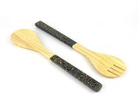 Jungle Culture® Large Bamboo Salad Servers • Natural Wood Tongs with Black Terrazzo Style Handles • Fruit & Wooden Salad Bowl Tableware • Eco Friendly Serving Utensils • Spoon & Fork Cutlery Set