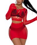 Buitifo Women Lingerie Set Sexy Mesh Two Piece Sets Long Sleeve Tops and Bodycon Skirts Sleepwear Nightwear Set(Red,M)