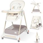 BIUSIKAN Baby High Chair for Babies & Toddlers, High Chair w/Large Storage Basket, Adjustable Height, Footrest, Recline, Foldable high Chair w/Cushion, Removable Tray, high Chairs with Wheels, White