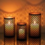 Romadedi Candle Holder Set of 3 Metal for Pillar Candle Hurricane Bronze Candlestick Holder Retro, Wedding Party Home Mantel Dining Table Centerpiece Decoration Indoor Outdoor, Black & Gold