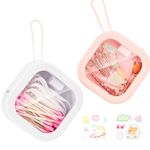 AIMIXUN 2 PCS Hair Tie Organizer Portable Qtip Holder Jewelry Crafts Holder Travel Dispenser Small Stackable Storage Box for Cotton Pads Swabs, Hairpins, Candy, Earrings 1 White+1 Pink (With Stickers)