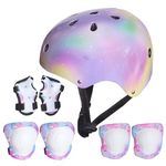 Basumee Kids Helmet and Pads Set Age 3-8 Years Kids Skateboard Helmet Knee Pads Elbow Pads Wrist Pads for Roller Scooter Cycling Skating, Colorful