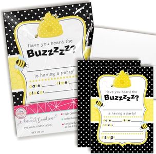 Bumble Bee Birthday Party Invitations, 20 5x7 Fill In Cards with Twenty White Envelopes by AmandaCreation…