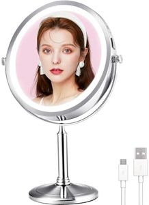 VESAUR 4000mAH Rechargeable Lighted Makeup Mirror, 1X/10X Magnifying Travel Mirror with Detachable Base, 8-inch Vanity Mirror with 3 Colors Lights Dimmable, 360°Rotation, Senior Nickel, Gift packaging