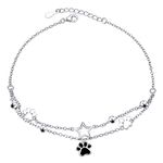 S925 Sterling Silver Foot Charm Jewelry Puppy Dog Cat Pet Paw Print Double Chain Adjustable Anklet Large Bracelet Gift for Women Girls