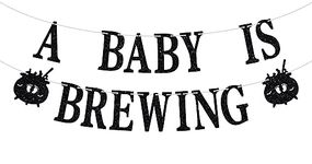 A Baby is Brewing Banner, Halloween Theme Baby First Birthday/Baby Shower/Gender Reveal/Pregnancy Celebration Party Decoration Supplies, Black Glitter