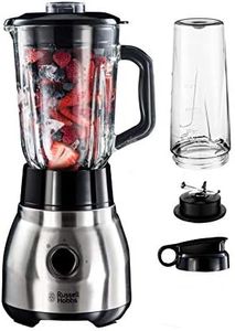 Russell Hobbs Frullatore Elettrico 2 in 1 - Frullatore in Vetro da 1,5 l e Bicchiere-MIxer in Vetro da 0,6 l Portatile - Lavabile in lavastoviglie, Tritaghiaccio, Tazza no BPA, Acciaio Inox 23821-56