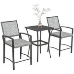 Outsunny 3 Pieces Outdoor Wicker Bar Set, Classic Bistro Bar Set Garden Rattan Style Patio Bar Table & High Chairs w/Cushions Home Bar Furniture, Light Grey