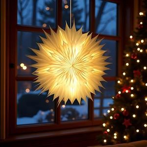 YPGFDZYDHH 23" 3D LED Paper Star Lantern with Translucent Vellum – 7-Layer Christmas Hanging Light, Foldable Indoor Window Decor, Soft Glow Holiday Ornament for Party, Wedding, Present